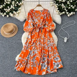 Retro v neck Lantern Sleeve Bandage summer Dress A-line loose Vacation print Women sweet dresses