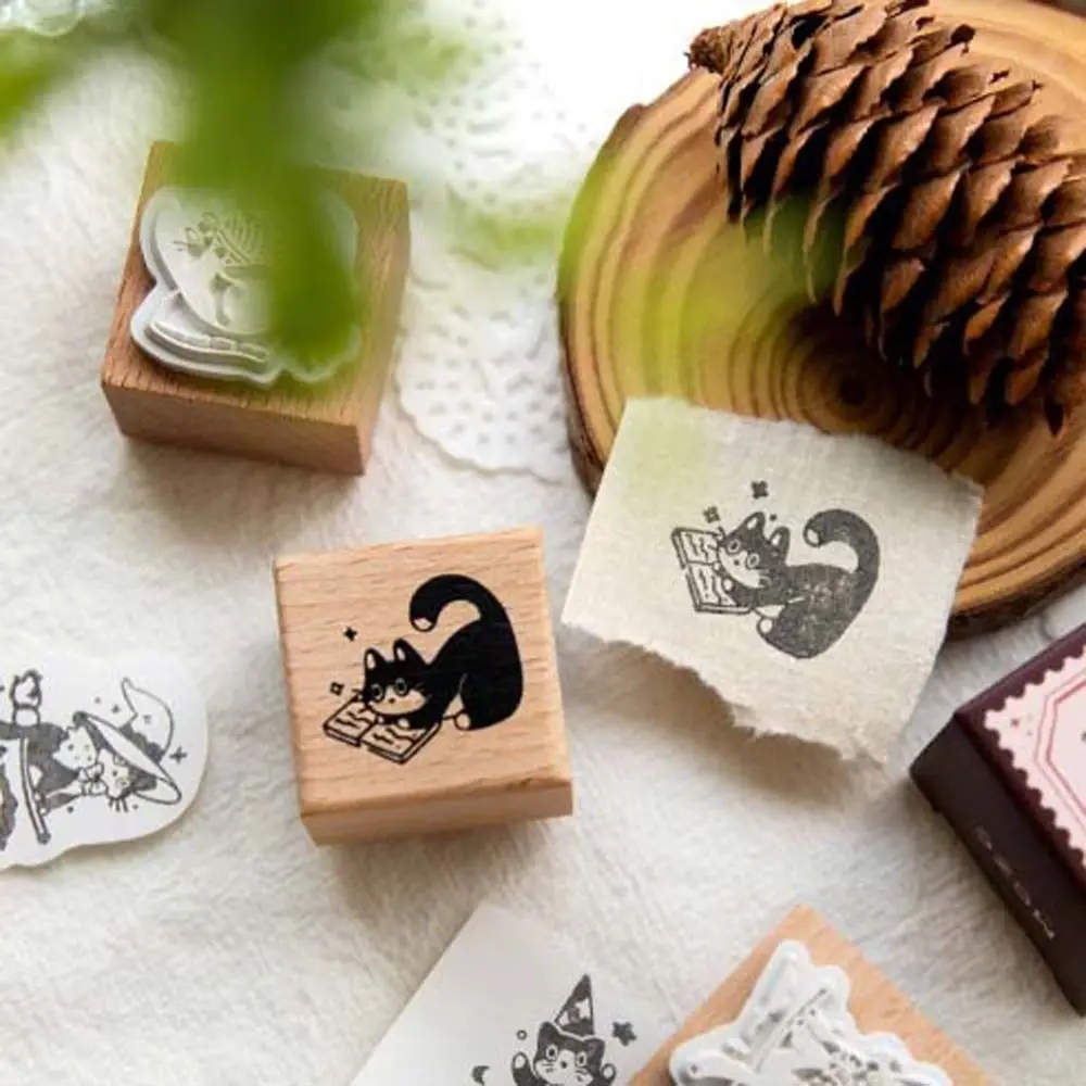 DIY クラフト黒猫スタンプレトロヴィンテージ動物の形の木製ゴムスタンプ子猫かわいいペット猫シールスタンプカード作成