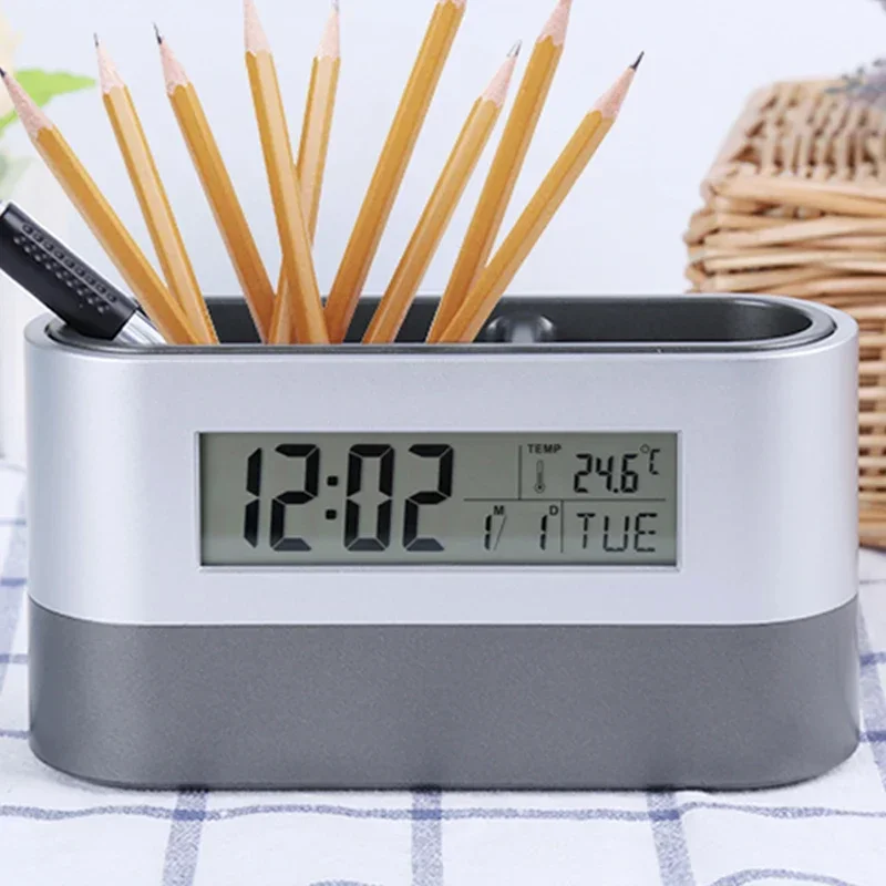 Electronic Digital Pen Holder Alarm Clock Temp Calendar Alarm Clock  Student Desktop Alarm Clock Pen Holder Office Pens Holder