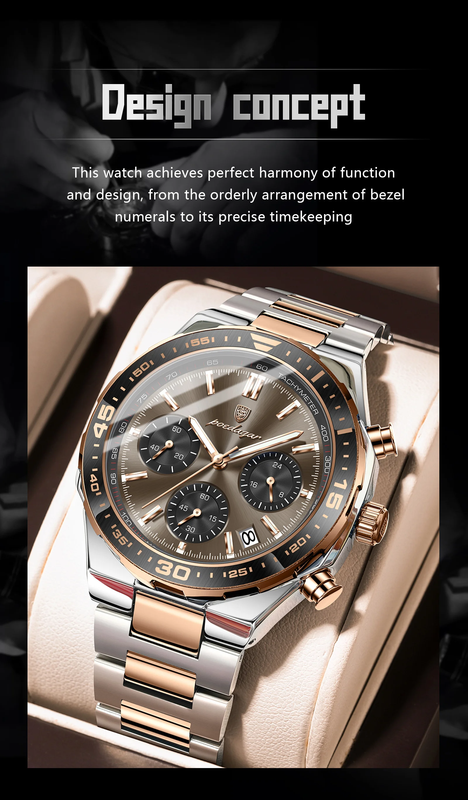 POEDAGAR Luxus Mode Herrenuhr Wasserdicht Leuchtend Quarz Sportuhr Datum Chronograph Business Herrenuhren Männliche Armbanduhr – Detail 3