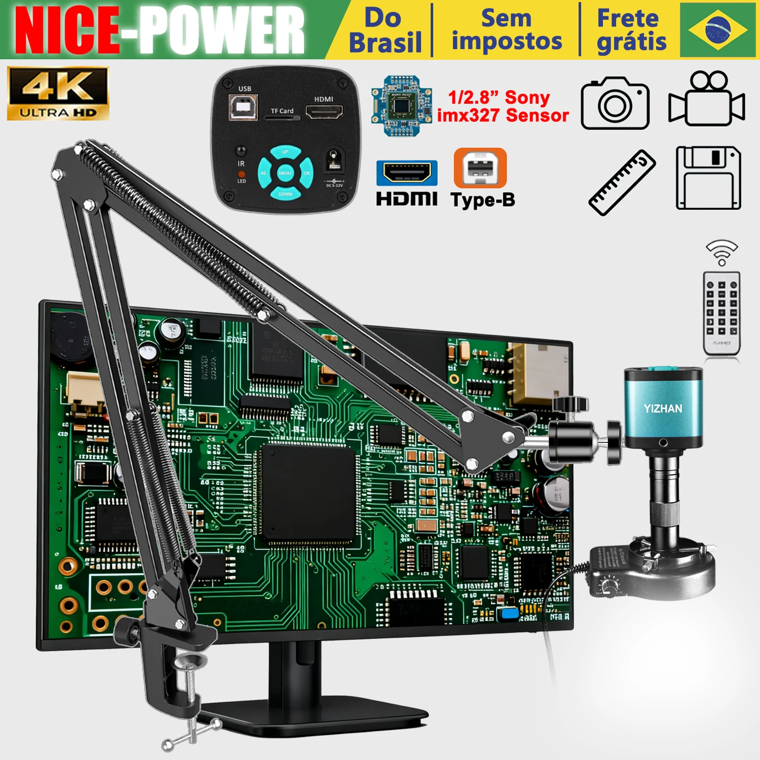 Microscópio digital eletrônica NICE-POWER 150X 4K 60MP/48MP/13MP HDMI Tipo-C/USB Câmera de Vídeo Industrial para Inspeção de PCBA