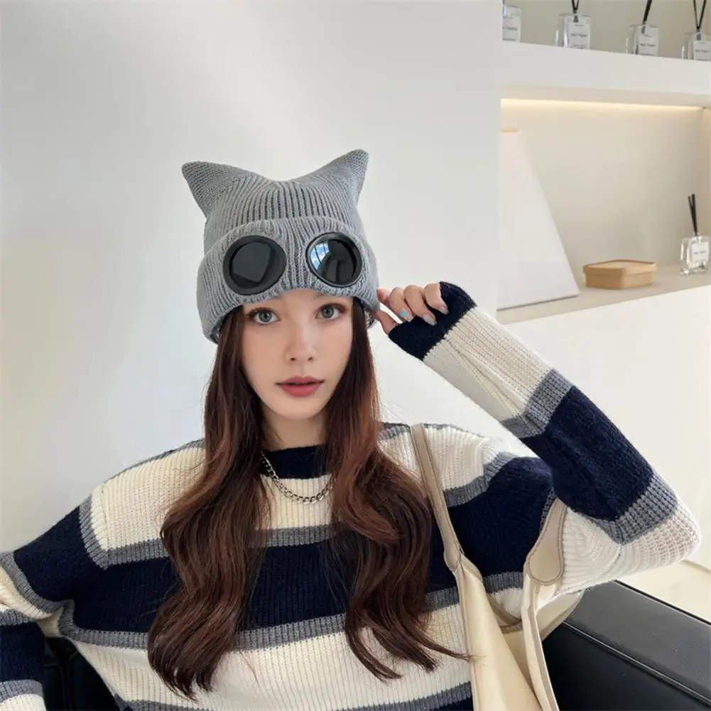 

Cat Ear Hat Cute Kitty Head Winter Hat with Goggle Decor Ball Detail Windproof Demon Cap for Women Warm Anti-slip Headwear Cat