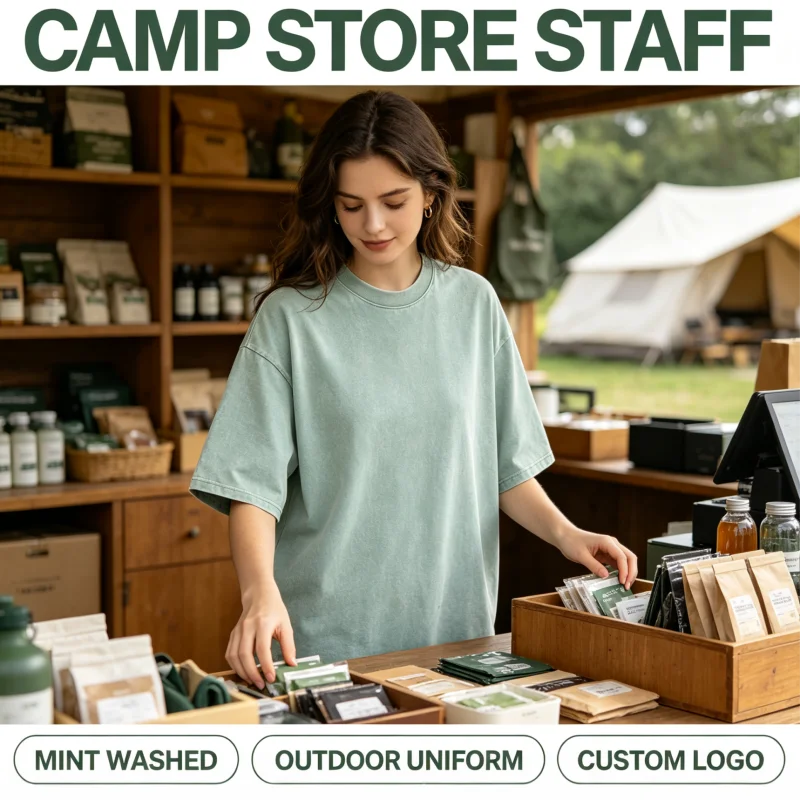 1. Acid Wash Vintage Cotton T-Shirt Customizable Logo for Cafe Bar Camping Outdoor Team Staff Work Uniform Tee