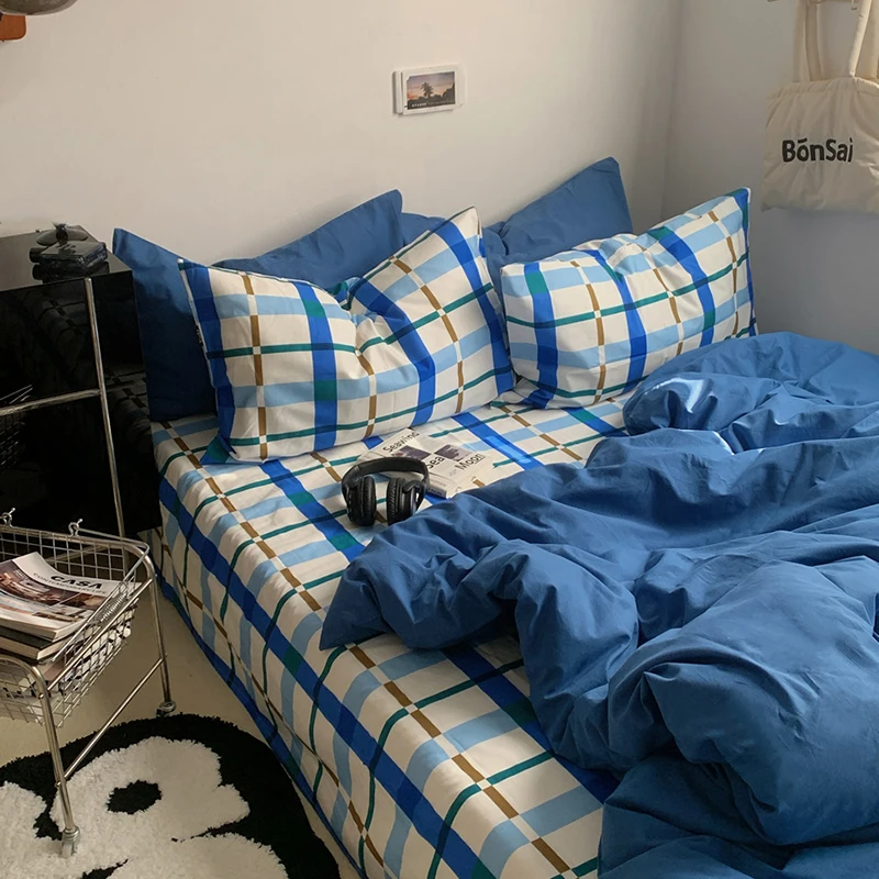 

INS Simple Style Check White And Blue Stripe Duvet Cover Set Bed Sheet Set Washed Cotton Bedding Set