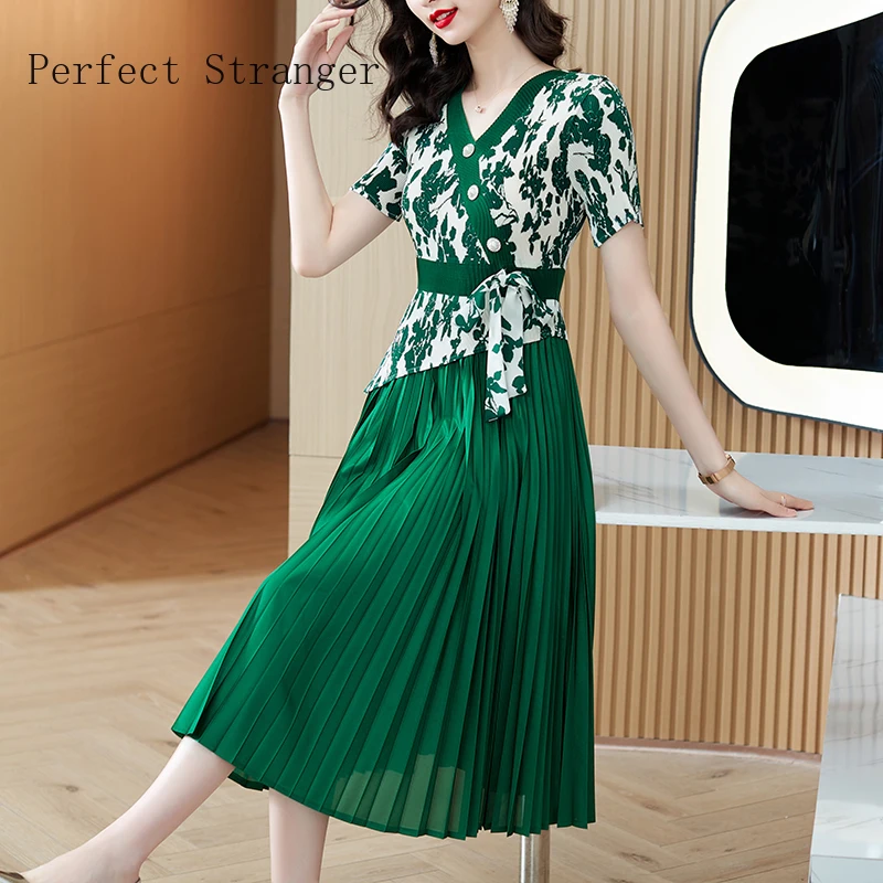 Sanzhai Pleated 2024 Summer Short Sleeve Vestidos Slim Appearance Age Reducing V-neck Heavy Work Women Long Dress