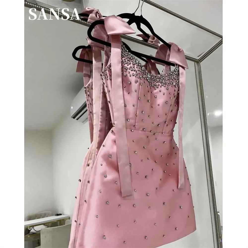 Sansa Luxury Bright Diamond Mini Prom Dress Glitter Pink Short Satin Vestidos De Fiesta Customized Spaghetti Strap فساتين سهرة