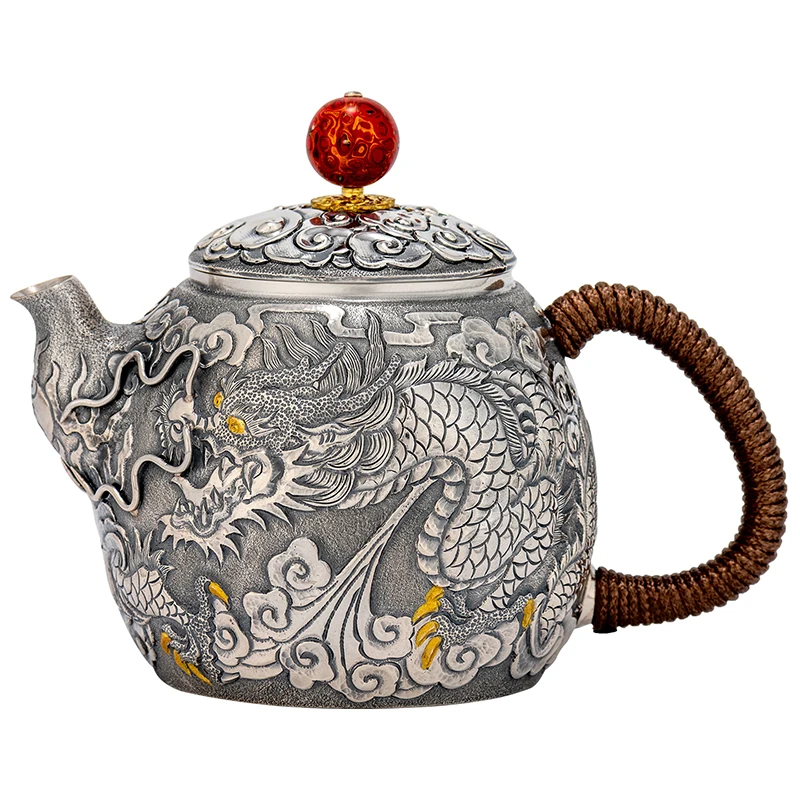 Double Dragon Playing with Pearls Teapot Gem Handmade Sterling Silver 999 Tea Pot Handcrafted with Filtration for Household
