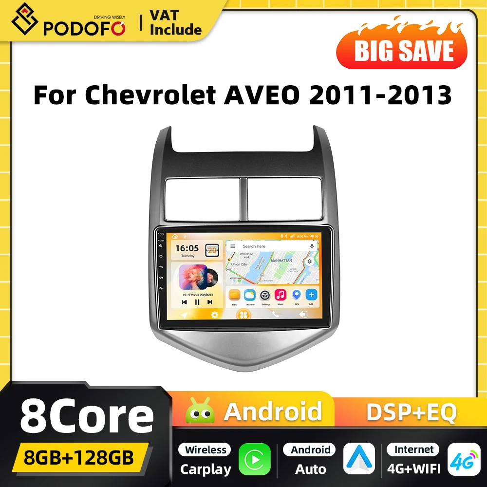Podofo Qualcomm Snapdragon Carplay 2DIN Android Autoradio für Chevrolet AVEO 2011-2013 GPS-Navigation Multimedia 2-DIN-Stereoanlage