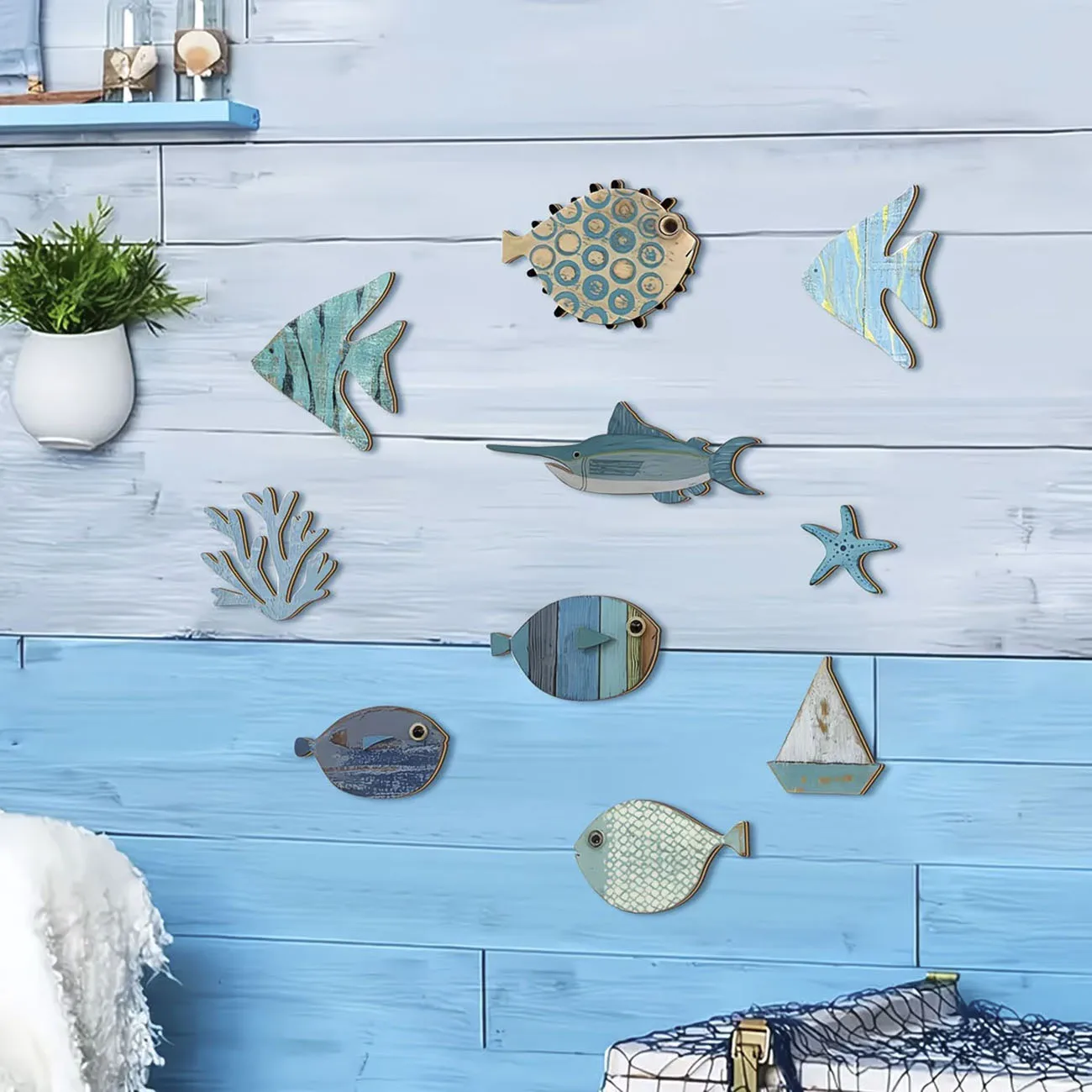 10pcs vintage Ocean Themed Wooden Cutouts. Nano Tape Included, No Drilling Needed for Coastal Style Home Decoration.