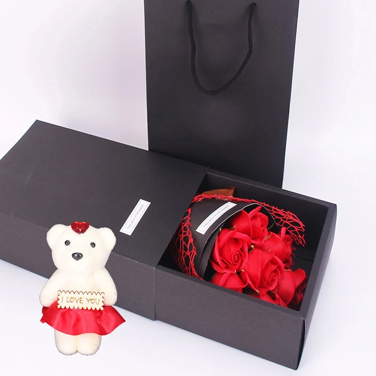 Valentinstag Künstliche Blumen 7 Rosen-Seifen-Bouquet Geschenkbox Teddybär-Blume Kreatives Valentinstag-Geschenk Heimdekoration – Detail 5