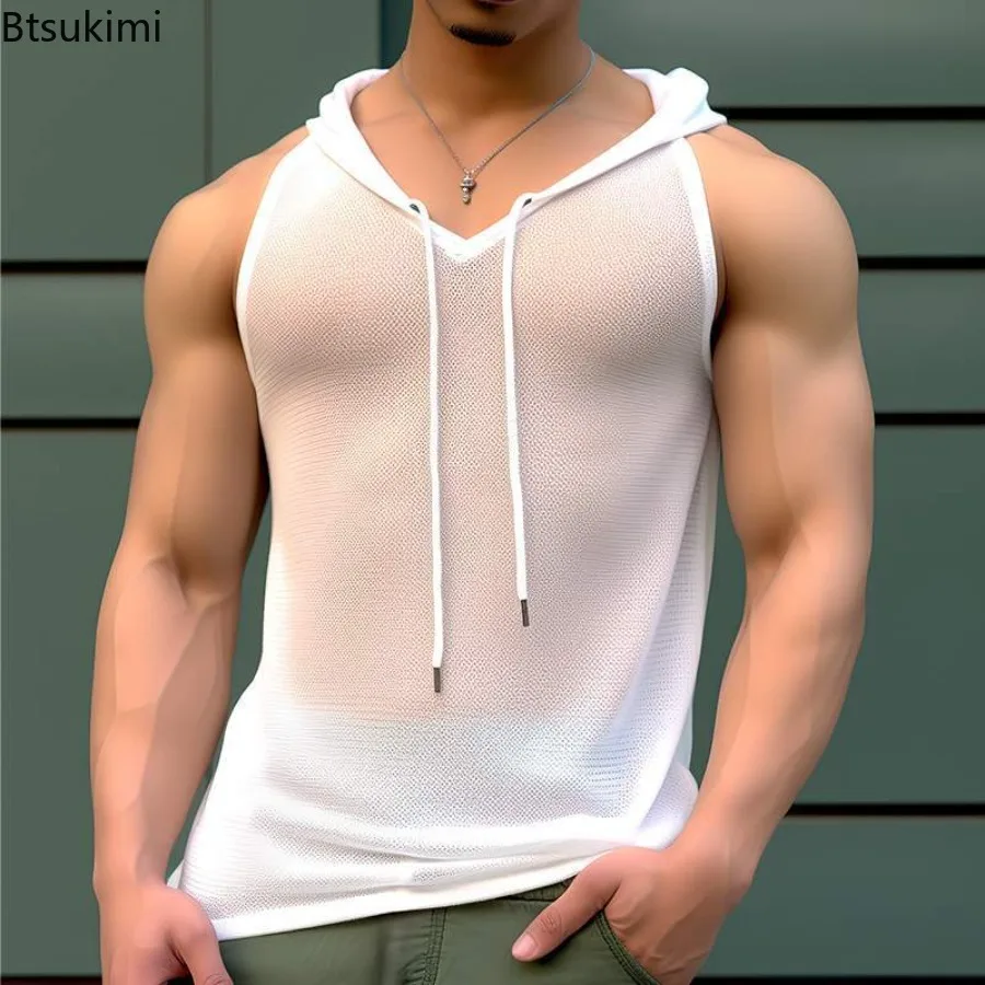 

New Trendy Men's Hooded Sports Tank Tops Sexy Mesh Transparent Sleeveless T-shirts Summer Casual Drawstring Fitness Muscle Vest
