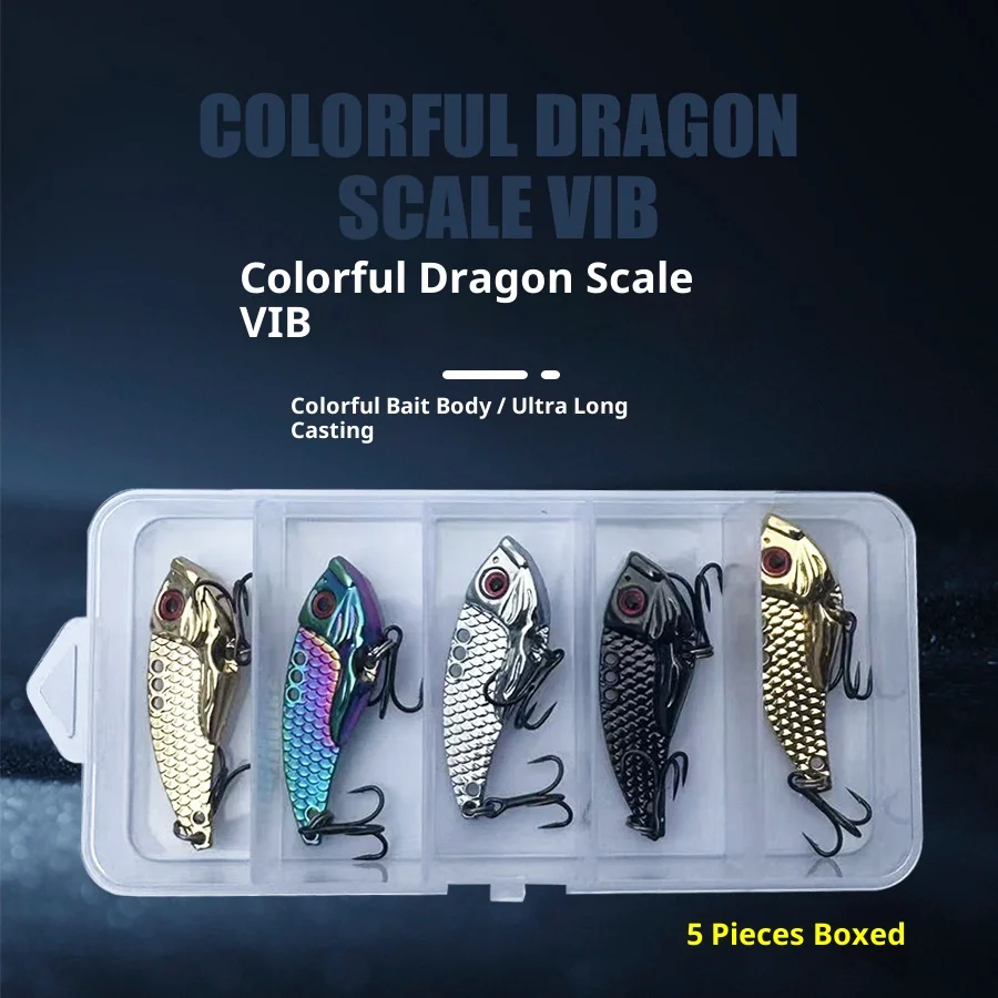 

5PCS VIB Fishing Lures Metal Iridescent Bionic Hard Baits with Double Hooks for Bass Topmouth Culter Freshwater Tackle