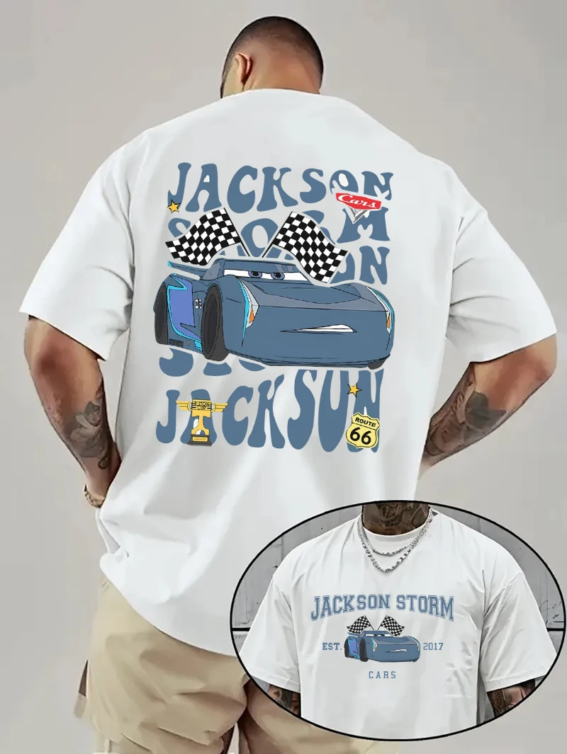 ديزني سيارة جديدة فيلم البرق ماكوين الكبار تي شيرت الرجال جاكسون العاصفة سباق التصميم الرسمي حفلة عيد ميلاد تي شيرت صيفي