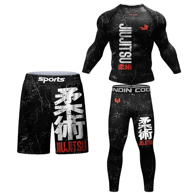 Mma jiu柔術Tシャツと男性用パンツ、bjjj、gi rashguard、ブラジルのグラップリングマショーツ、ジムスポーツウェア、ムエタイトラックスーツ、セットあたり4個