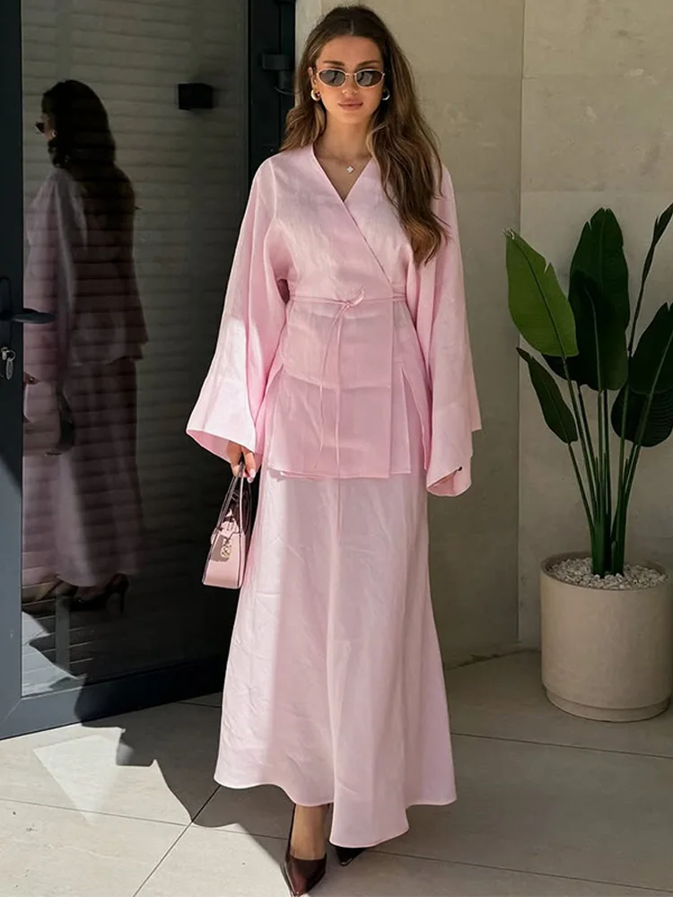 

V-neck Long Skirt Suit Women Lace Up Coat Full Sleeve Ankle-length Skirt Set Female Autumn Solid Sets Lady Home Street Wear