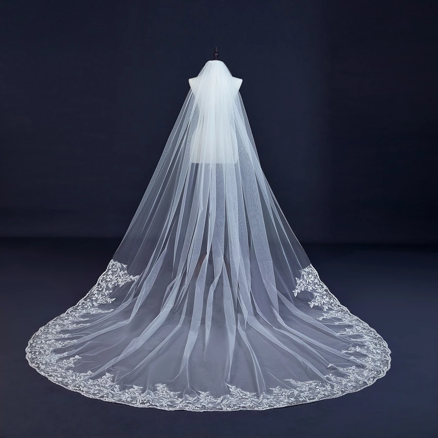الجملة 3 متر كاتدرائية حجاب الزفاف الدانتيل يزين طرحة الزفاف Vestidos de novia العروس اكسسوارات الزفاف الفوال دي mariée
