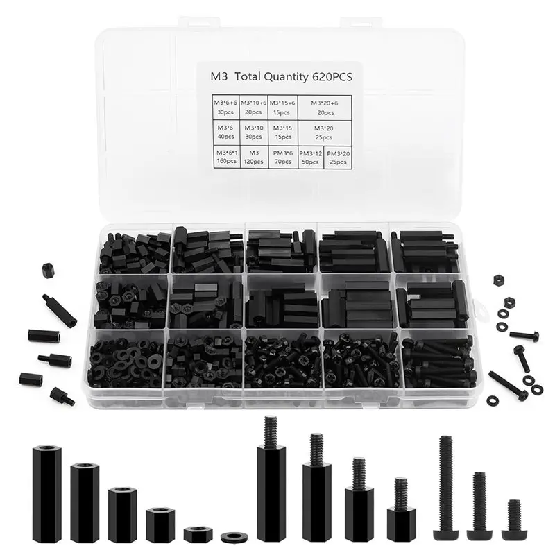ABSS-Standoff Kit 620-Piece In M3 Nylon, Black Threaded Spacers With Screws, Nuts Washers-Motherboard& PCB Mounting Support