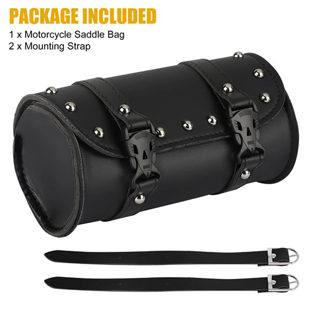 

Motorcycle Saddle Bag, PU Leather Motorcycle Storage Bag with Rivet, Waterproof Saddlebags with 2 Buckle Straps, Black