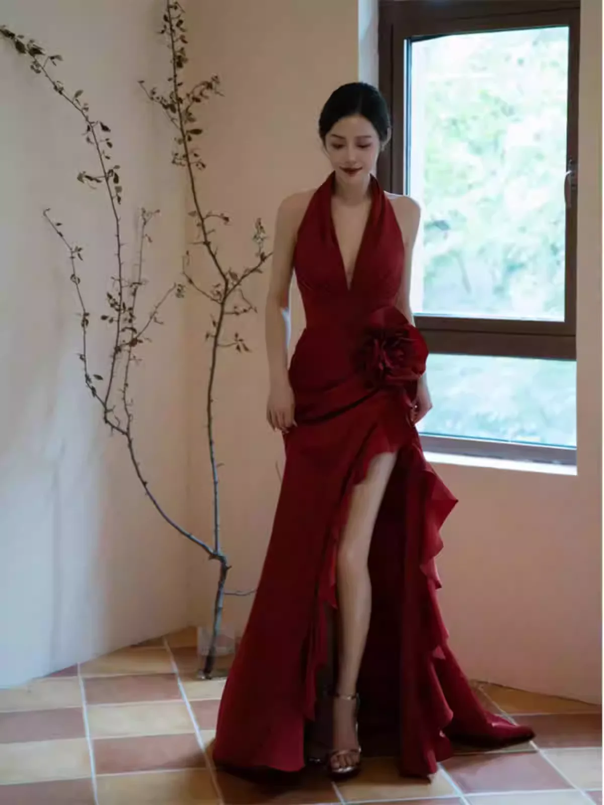 3XL Girl Birthday Elegant V-neck Romantic Backless Evening Dress Red Satin High Waist Split Irregular Trailing Fishtail Dresses