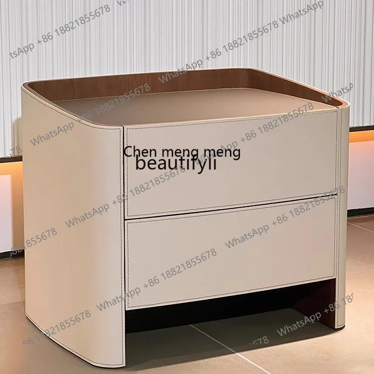 D178 Italian Minimalist Saddle Leather Bedside Table Modern Light Luxury Bedside Cabinet Walnut Bedroom Solid Wood