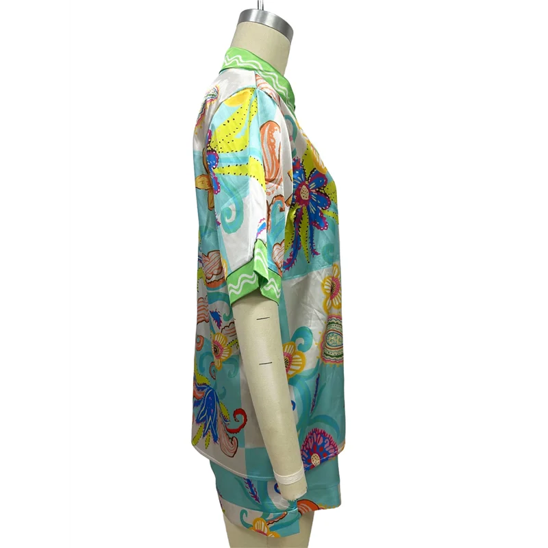 

A83F-женские комплекты из двух предметов, повседневная рубашка на пуговицах с цветочным принтом, топы и шорты на шнурке, летние комплекты костюмов