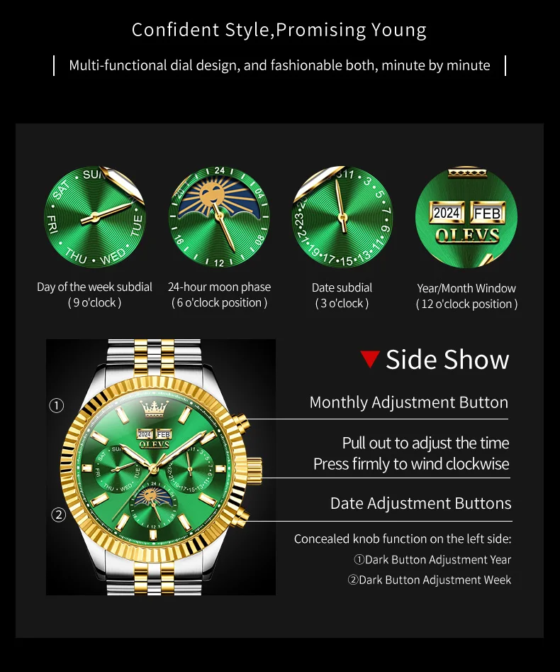 OLEVS 6688 ساعة رجالية ماركة فاخرة أصلية من الفولاذ المقاوم للصدأ تقويم مرحلة القمر مقاوم للماء ساعات آلية أوتوماتيكية مضيئة