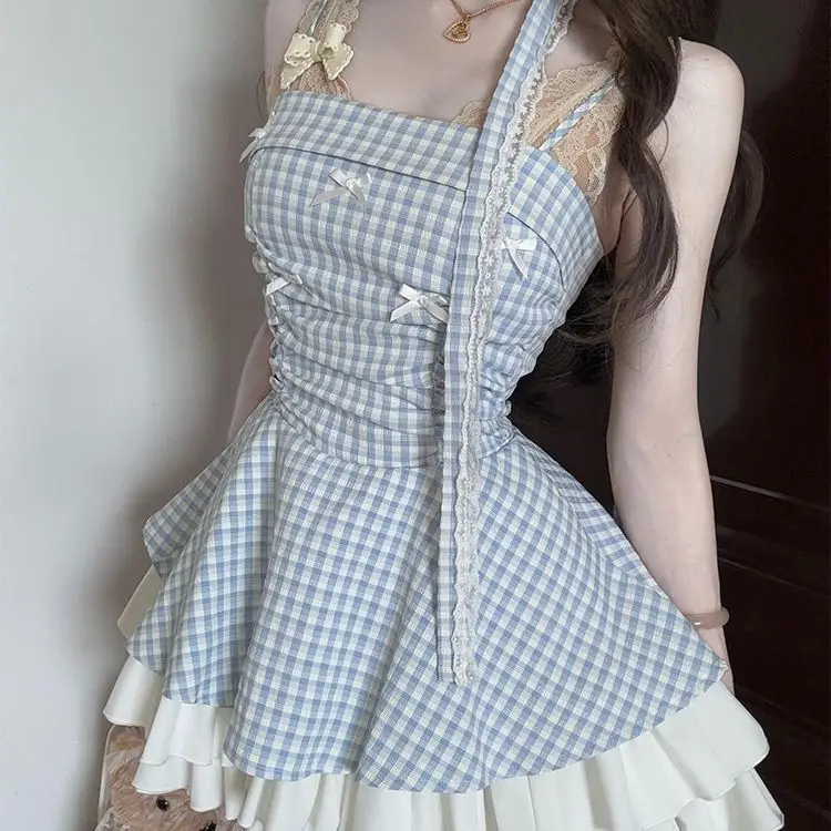 

Japan Sweet Style Sexy Bow Suspender Dress Women'S High Waist Slimming Plaid Puff Skirt
