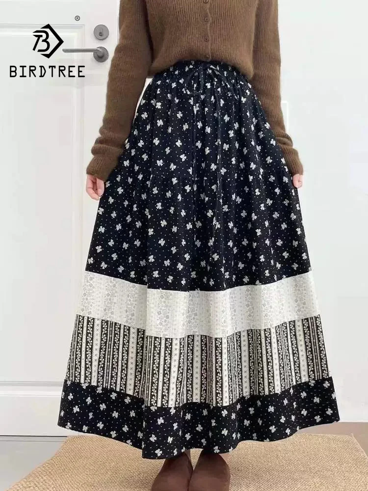 New 2026 Autumn Women Brushed Cotton Skirt, Elastic Waist Butterfly Print, Mori Girl Korean Casual Loose A-line Skirt B6O324CC