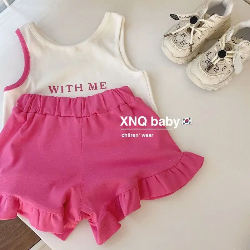 2024 Summer New Girls Crew Neck Printed Contrast Color Casual Fashion Loose Sleeveless Vests Elastic Spliced Shorts Letter Sets