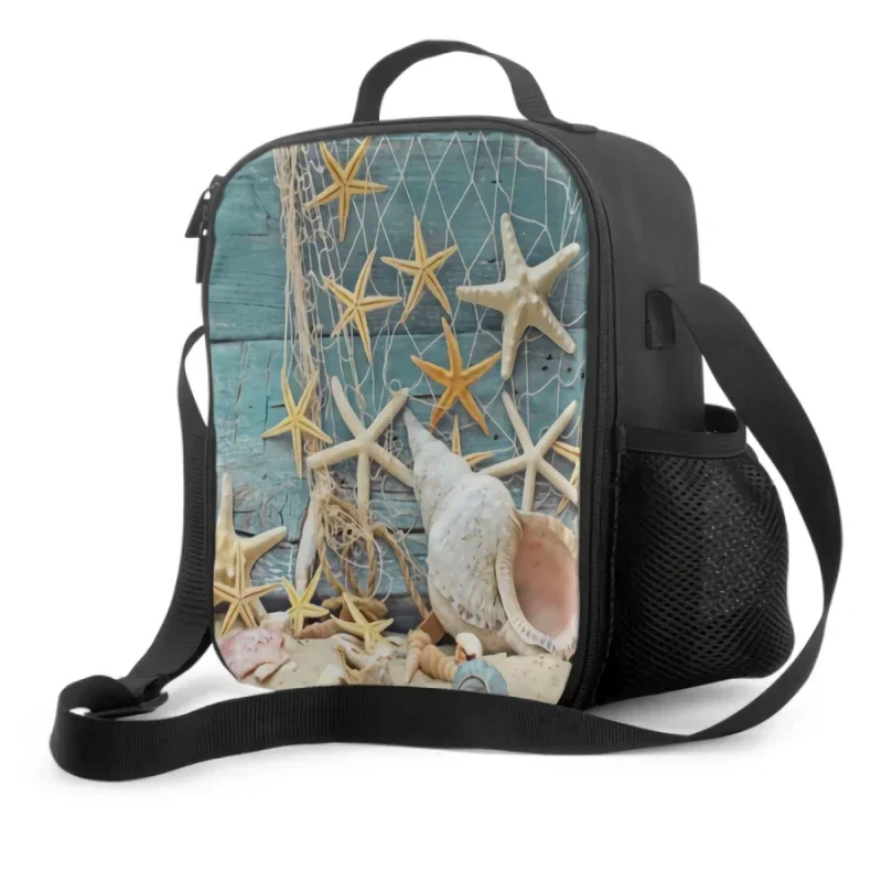 Starfish seashell beach insulated lunch box for kids leakproof portable lunch bag with adjustable shoulder strap Cooler Tote Bag