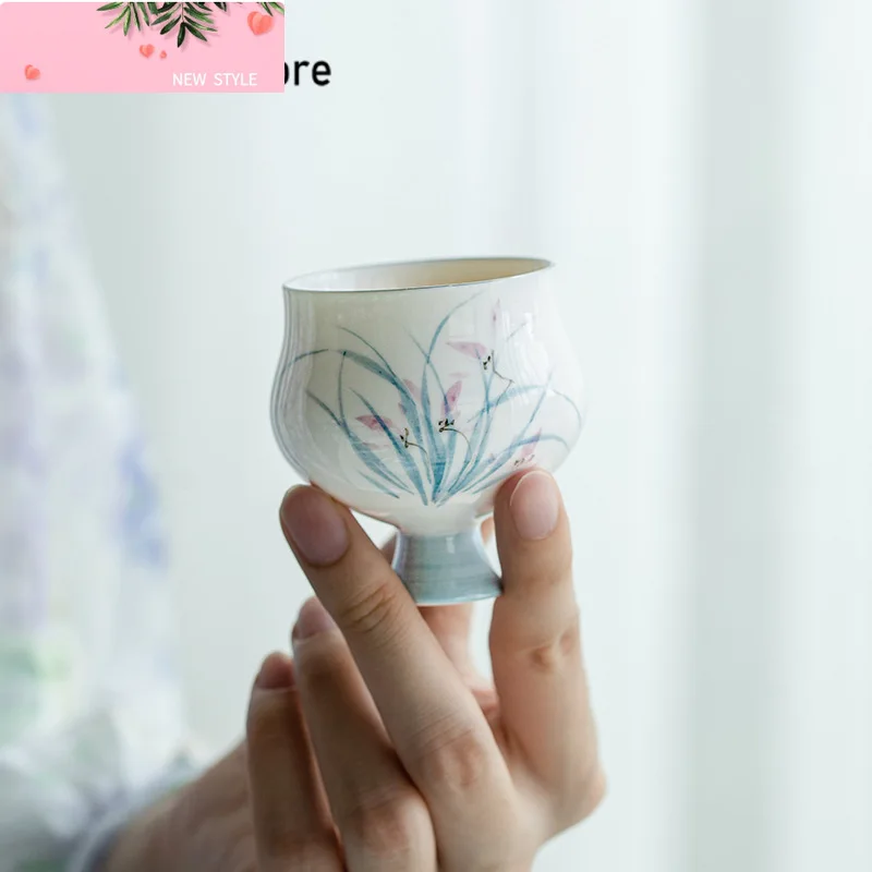 

65 мл керамическая чашка с чистой ручной росписью орхидеи, платина с рисунком варвара, поясная чашка, чашка с высокой ножкой, кунг-фу, чайная посуда, подарки