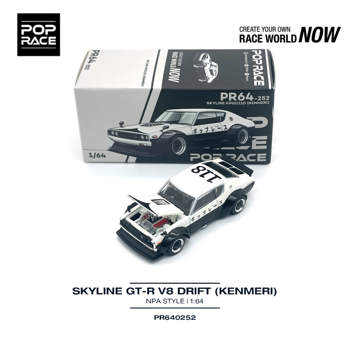 In Stock POP RACE 1:64 Nissan Skyline KPGC110 (Kenmeri) Custom Black & White Drift Style Diecast Model Car PR640252