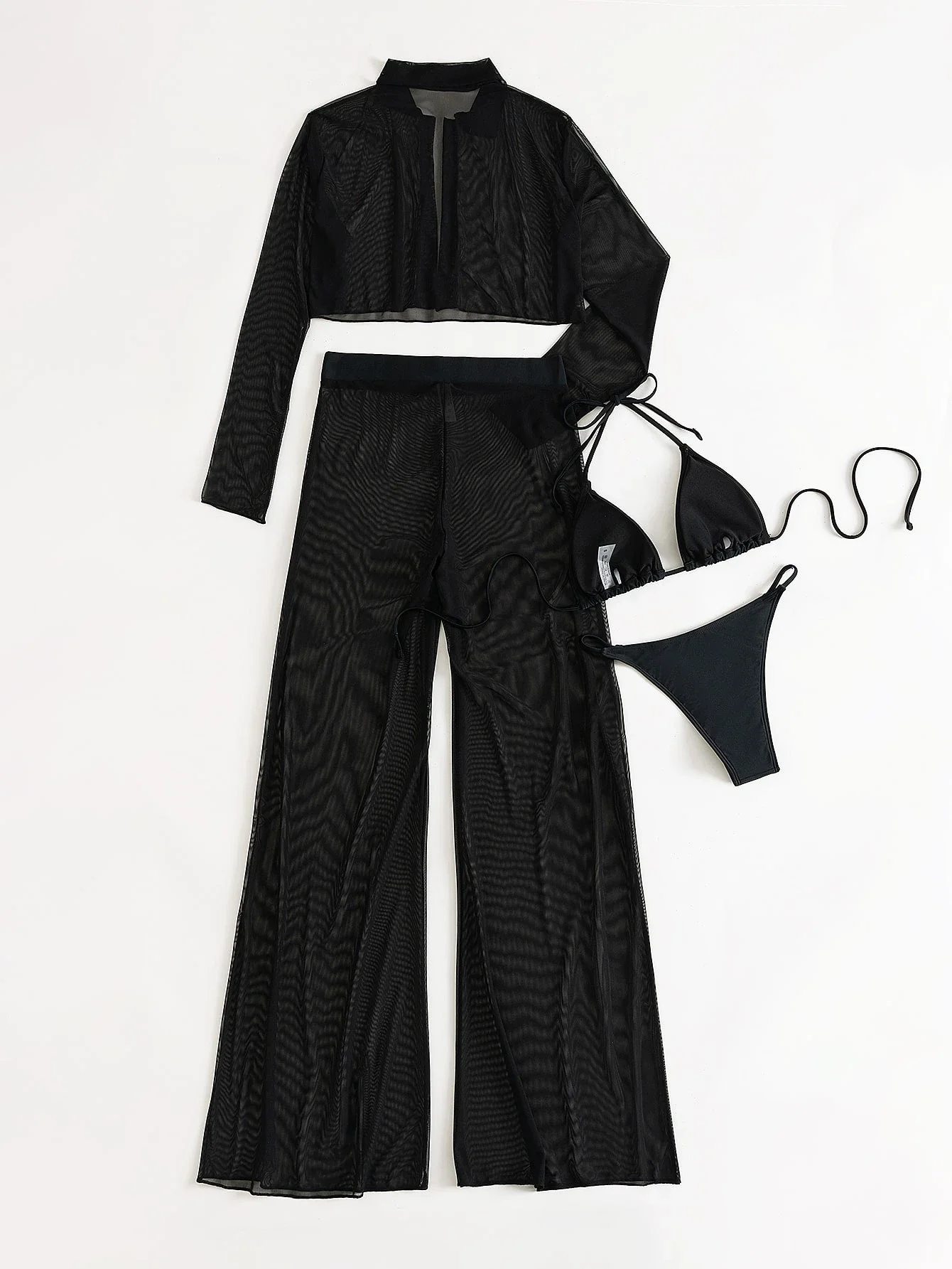 

Black Sheer Mesh Cover Up Set With Triangle Bikini For Beach
