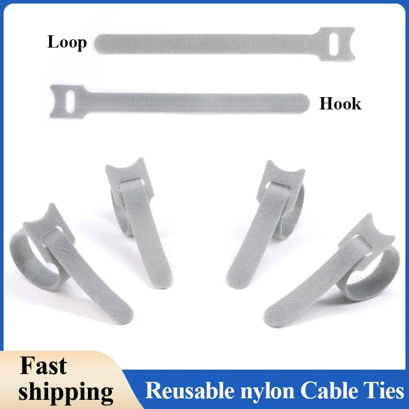 Grey T-type Releasable Cable Ties Plastics Nylon Hook and Loop Wrap Zip Bundle Fastening Straps Detachable Wire Ties Organizer