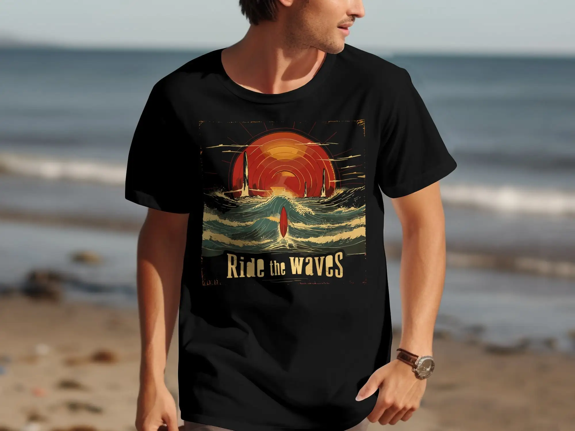 Ride The Waves Retro Sunset Surfing T Shirt Surfboard Wave Art Vintage Beach Vibes Ocean Adventure Coastal Style