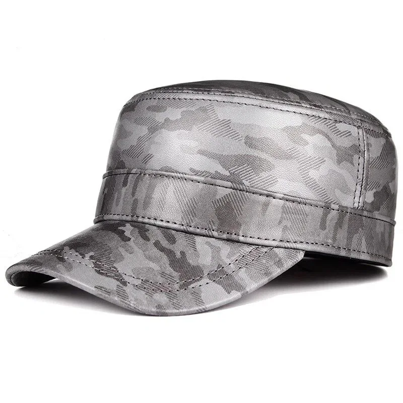 

New Autumn Winter Genuine Leather Cap Flat Caps For Men And Women Sheepskin Warm Military Hats Sealed Camouflage Leather Hat