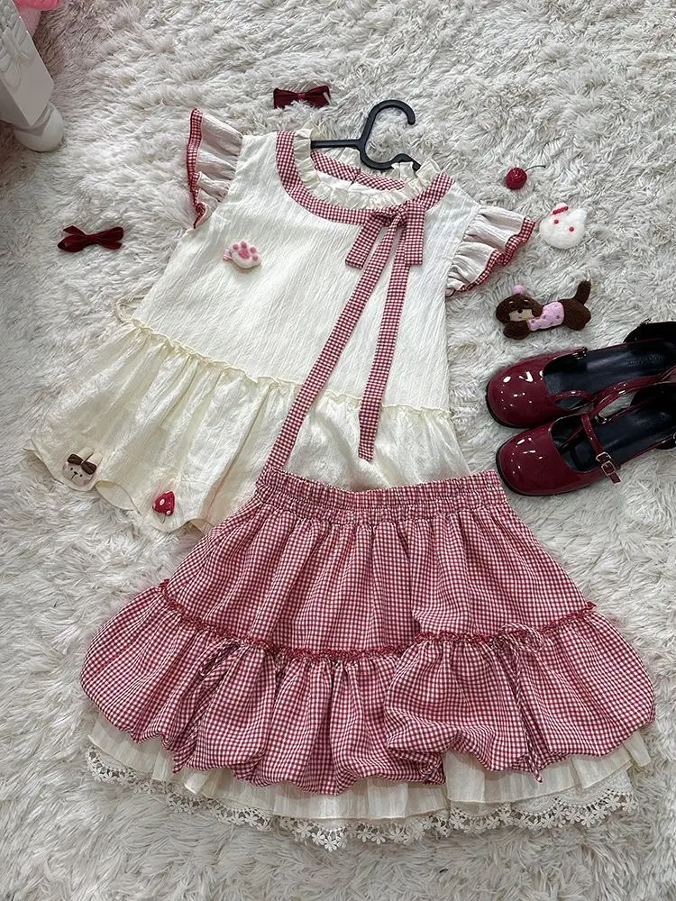 Sweet Lolita Kawaii 2 Piece Set Flying Sleeve Bow Ruffle Top Red Gingham Bubble Skirt Women Girls Lace Trim Daily Party Outfit