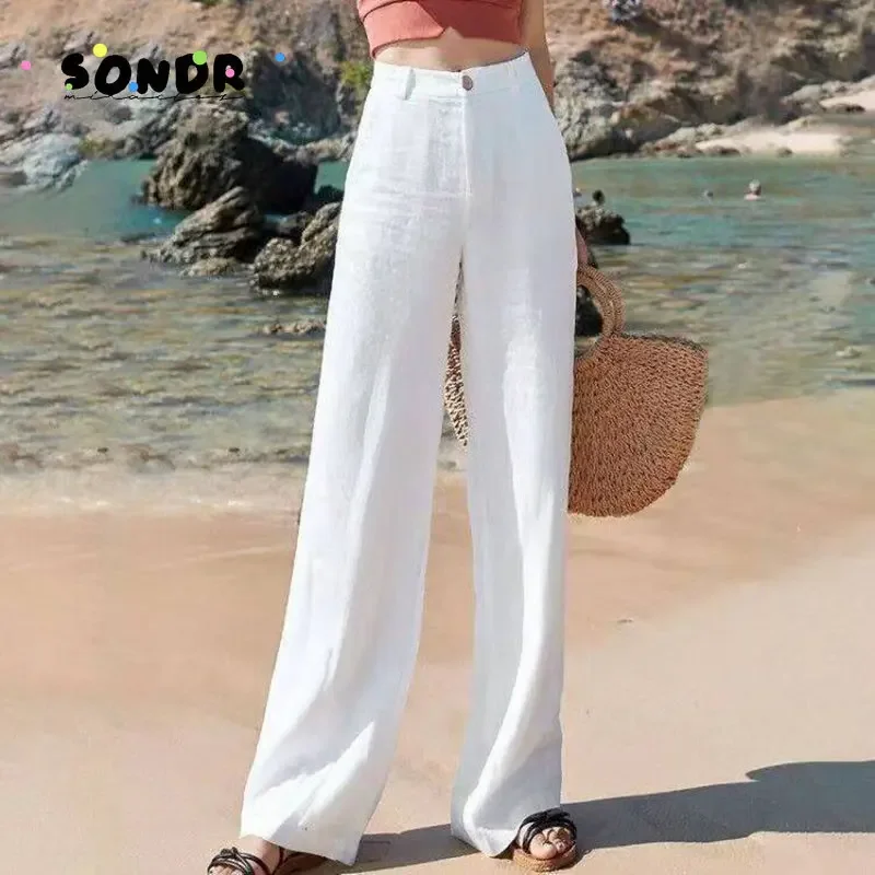 

2022 Summer Cotton Linen Pants Women High Waist Zipper White Wide Leg Pants Woman Casual Loose Straight Full Trousers Female