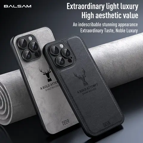 Luxury Cloth Leather Texture Deer Head Pattern Case For iPhone 16 15 14 13 12 11 Pro X XR XS Max 7 8 Plus Shockproof Soft Cover