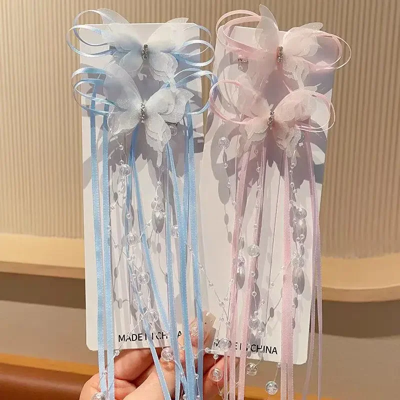 2개입 아기 여자아이 나비 태슬 헤어핀, 달콤한 롱 리본 진주 오리혀 공주풍 양면 헤어핀, 아동용 헤어 액세서리