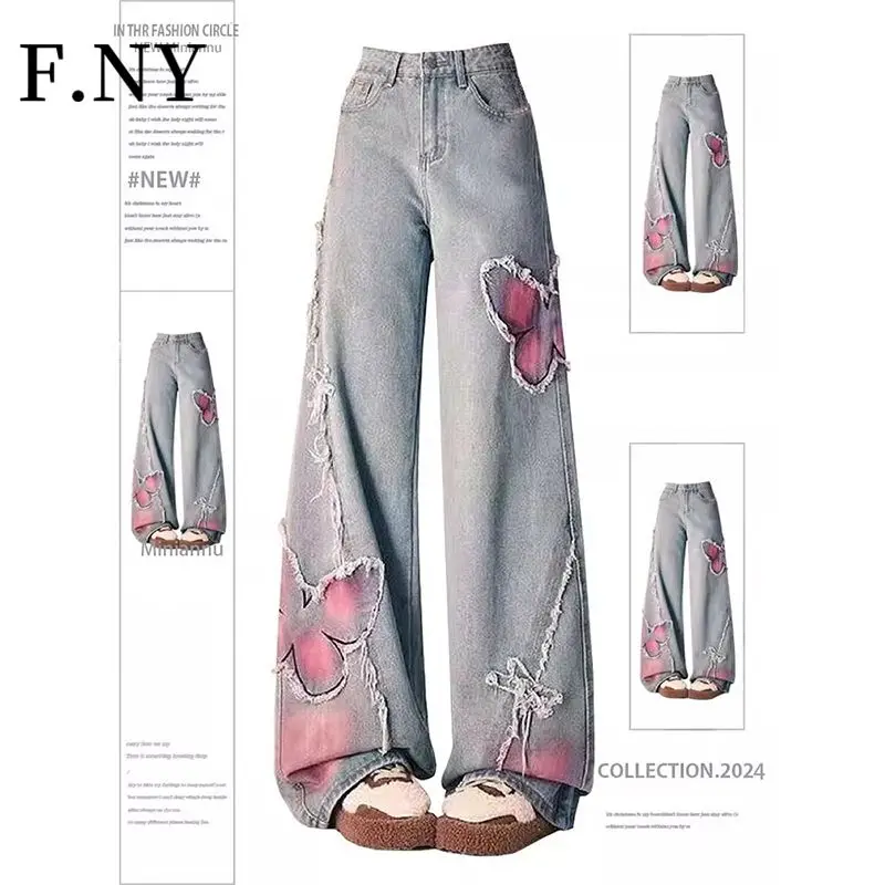 

American Tie-dye Butterfly Embroidery Jeans Y2k Pants Women Summer Loose Straight Wide-leg Drag Trousers Fashion Women Clothing