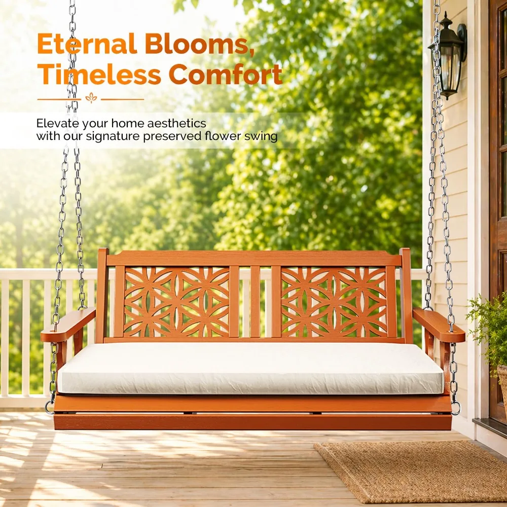 4.5 FT Outdoor Porch Swing with Cushions, Heavy Duty 880 LBS 2-Person Wooden Patio Swings with Eternal Flower Pattern