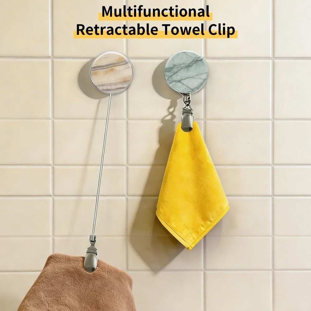 Stainless Steel Retractable Towel Clip Marble-Pattern Punch-Free Metal Hanging Clip Self-Adhesive Metal Spring Clip Bathroom