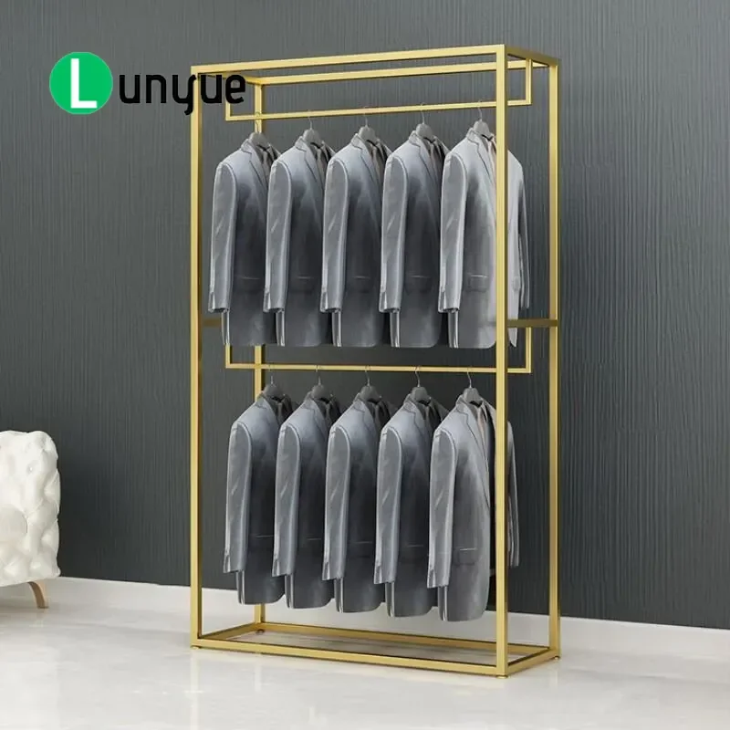 Golden Simple Floor to Ceiling Display Rack Double Layer Hanger for Wedding Dress Photo Studio Clothing Store Men Women