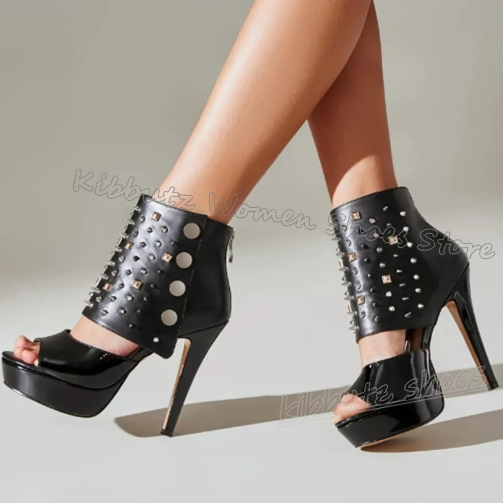 

Rivets Ankle Boots Pumps Zipper Platform Round Toe Thin High Heels Solid Color Leather Fashion Elegant Concise Sexy Women Shoes