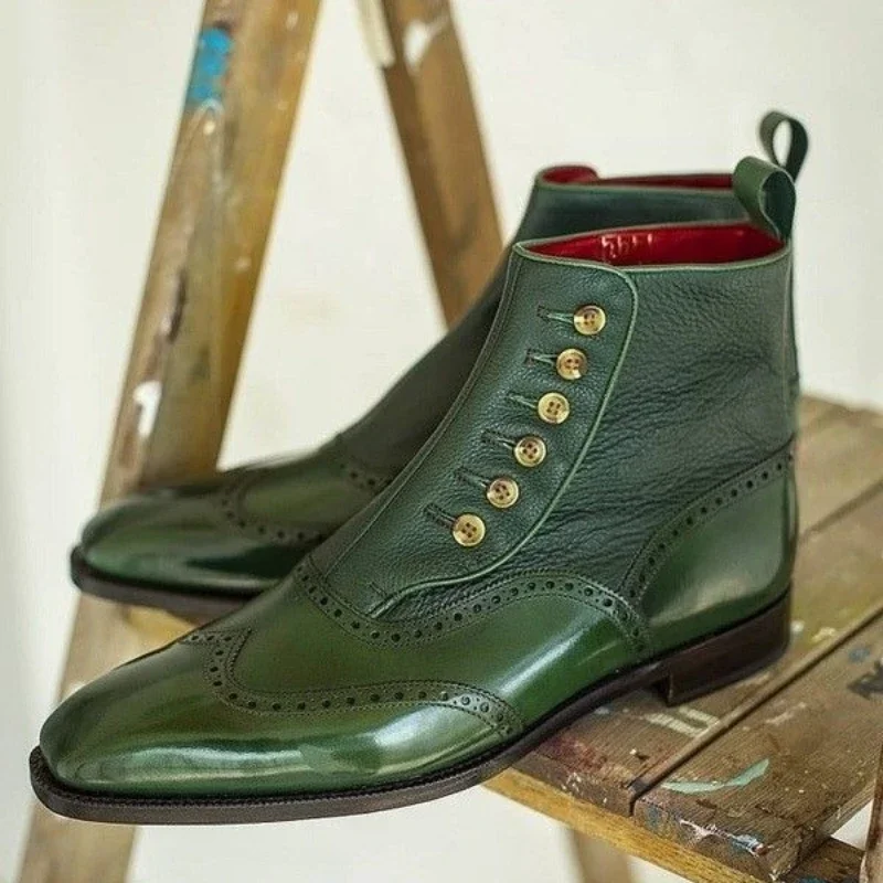 

Men Brogue Ankle Boots Green Black Fashion Classic Retro Brock Short Boots of Men Zapatos Hombre