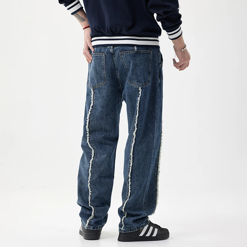 Y2k Street Fashion gestreifte gespleißte Herren jeans Hip Hop lässig schwarz lose Herren hose 2024 fallen neue Produkte