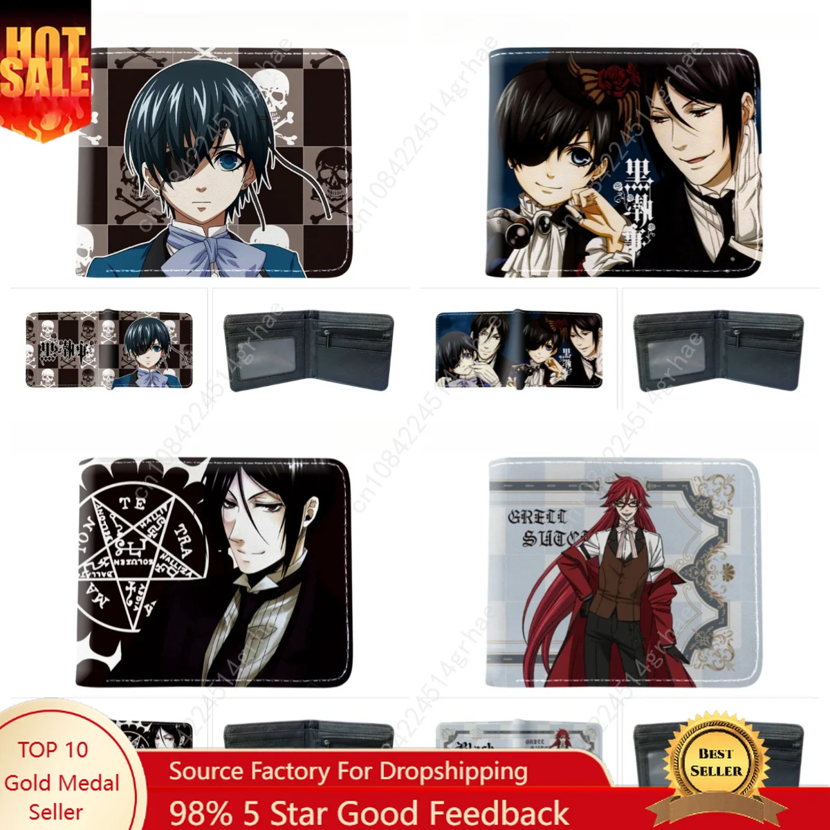 Anime Black Butler Short Fold Over Wallet PU Leather Purse Cartoon Sebastian Michaelis Ciel Phantomhive