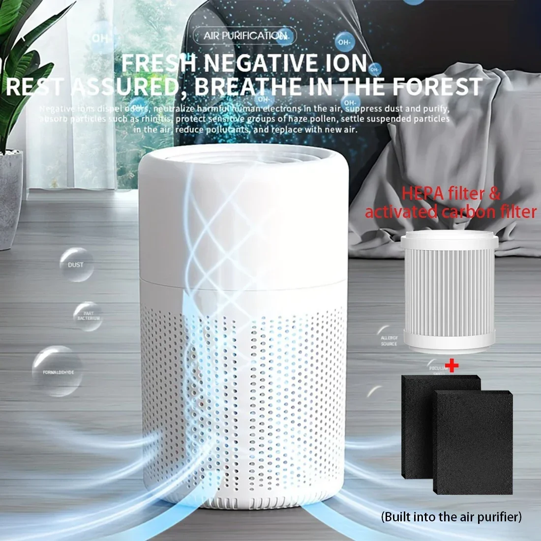 Compact Desktop Air Purifiers HEPA Filter PM 2.5 Type-C Cable Low Noise Air Cleaner Smoke Odor Remover for Office Bedroom