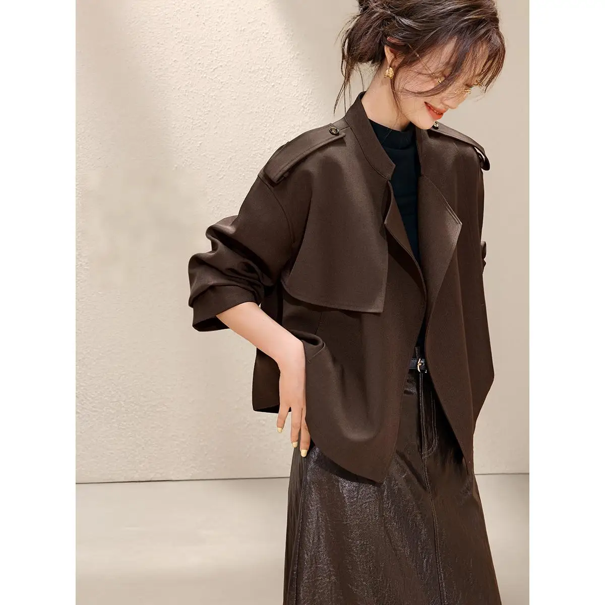 

Faionable Warm ort Coat Jaet Women's Casual Sle Polyester Fabric Autumn New Arrival 2025 Turn-down Collar ape Outfit